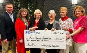 Saint Francis Auxiliary Board members present a check, to the Saint Francis Foundation. Left to right: Stacy Huff, Saint Francis Foundation Executive Director; Teresa Hannah, Manager - Volunteer Services; BJ Bowman; Betty Caroll; Mona Nenninger; and Judi Owens.